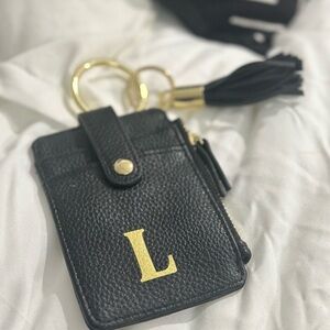 Nanette Lepore Black Leather Tassel Keychain Wallet ID Card - Monogrammed “L”
